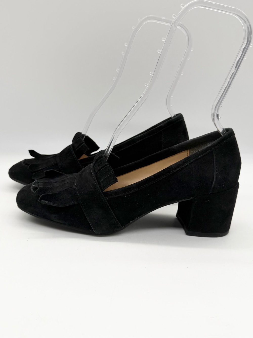 Kenneth Cole Reaction Michelle Kiltie Fringe Block Heel Pumps Black Size 7.5